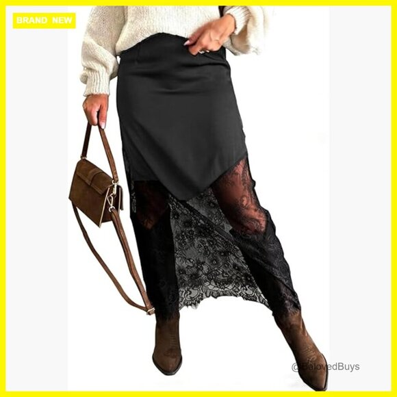 Dresses & Skirts - Long Lace Maxi Skirt Satin Sheer Patchwork A-Line Elastic Waist Boho